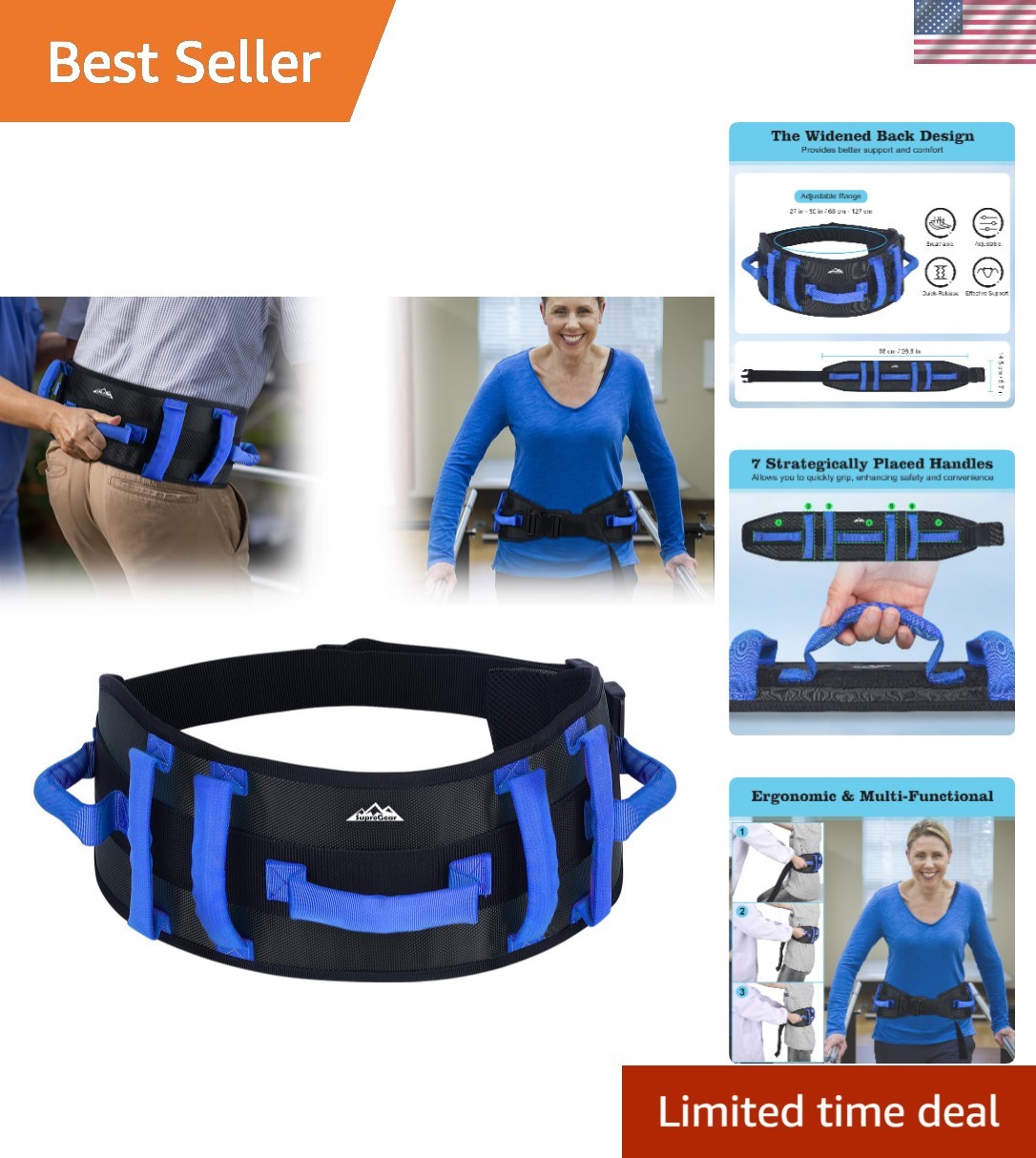 Gait Belt – Anti-Slip Transfer Belt for Seniors, Nursing Safety Patient Assis…