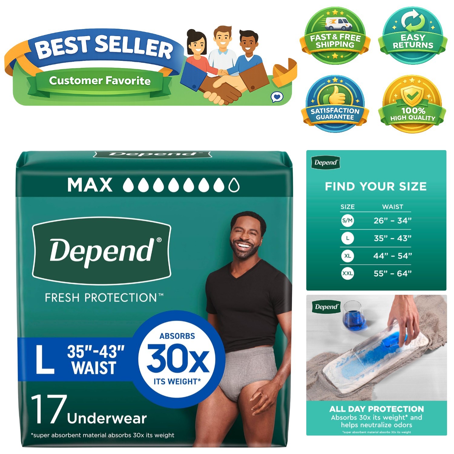 Fresh Protection Adult Diapers, Incontinence Underwear for Men, Disposable, M…
