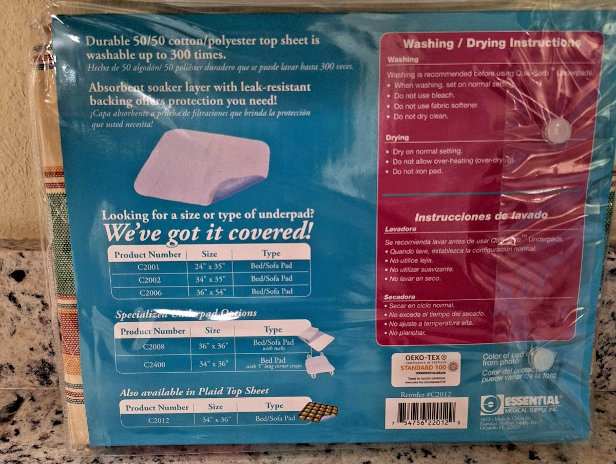 Reusable Absorbent Quik-Sorb Underpads 34×36″ Pads Washable Plaid (2 PACK)