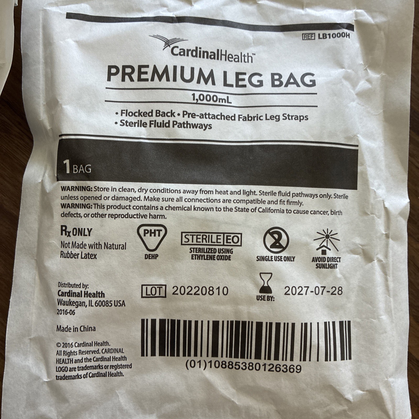 (Lot of 5) LB1000H Premium Leg Bag by Cardinal Health – 1000mL SEALED