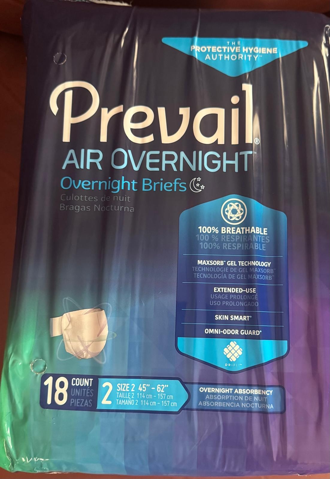 4new packs,of Prevail Air Overnight Briefs(18ct,total 72 ct)size 2,free shipping