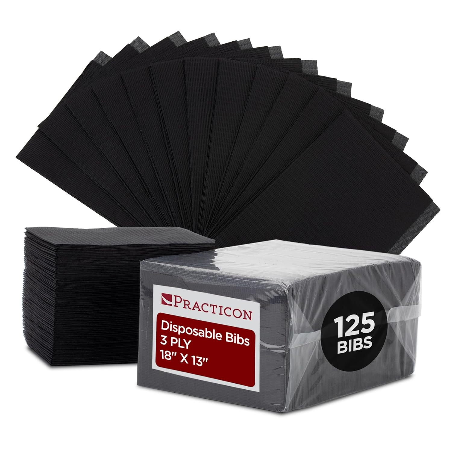 Practicon 125 Pack Black Disposable Patient Bibs, 18″ X 13″, 3 Ply Waterproof Pa