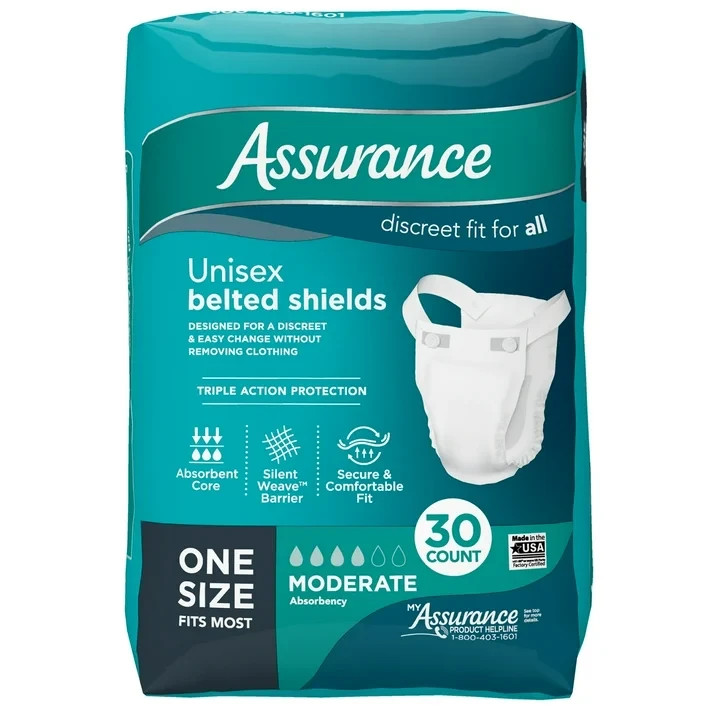 Assurance Unisex Incontinence Belted Shields, Moderate Absorbency,30 Count