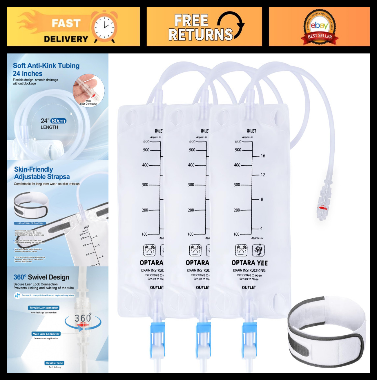 3 Pack 600ml Nephrostomy Bags with Twist Drain Valve & 24″ Tubing, Soft Straps