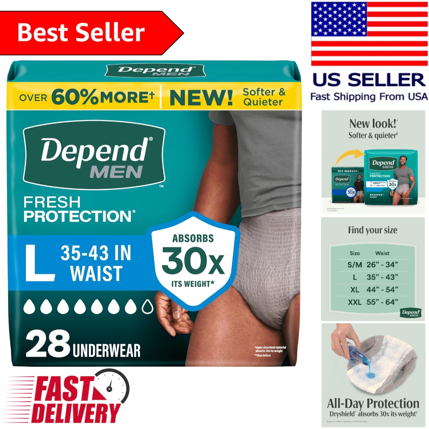 Men’s Depend Fresh Protection Incontinence Underwear – 24 Hr Leak Defense, Grey