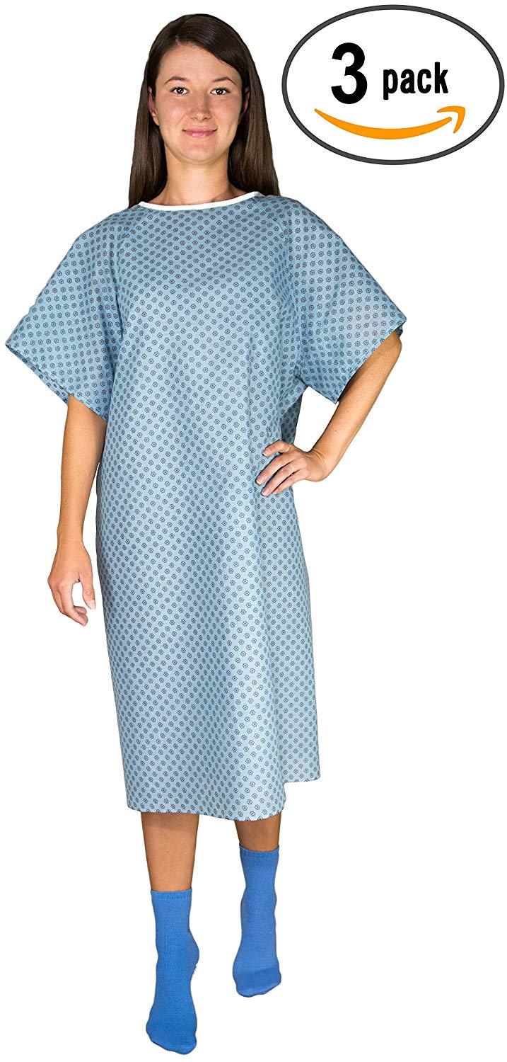 3 Pack – Blue Hospital Gown with Back Tie / Hospital Patient Gown with Ties – On