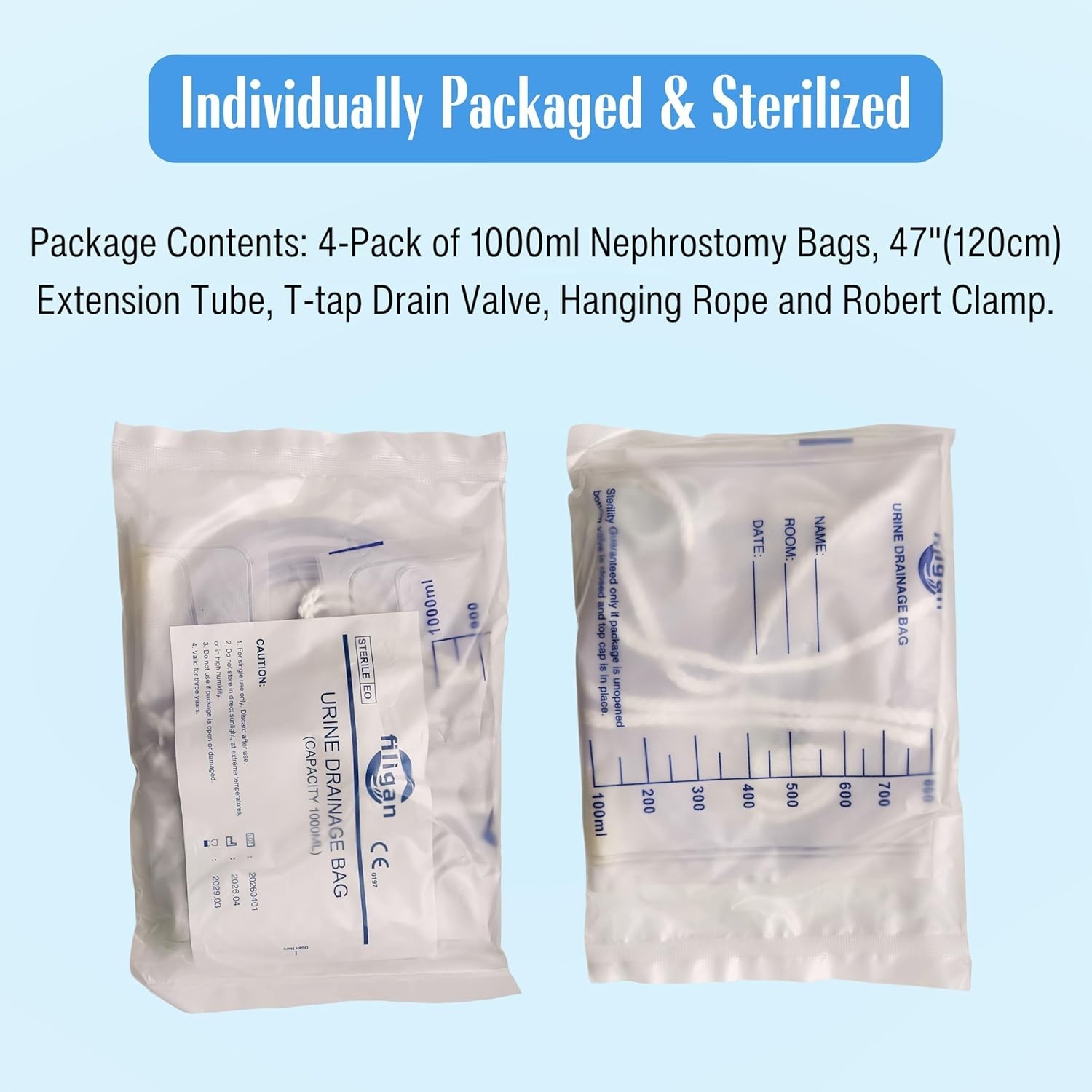 4 Pack 1000ml Nephrostomy Bag Urine Drainage Bag 47″ Silicone Tube T-Tap