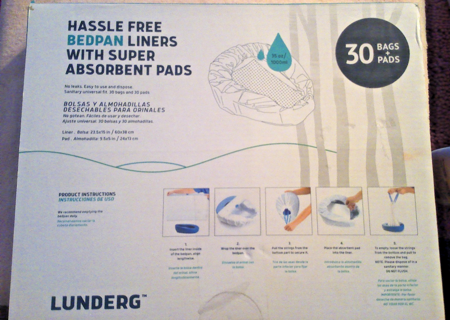 Lunderg Bedpan Liners with Super Absorbent Pads Value Pack 30 Count Medical New