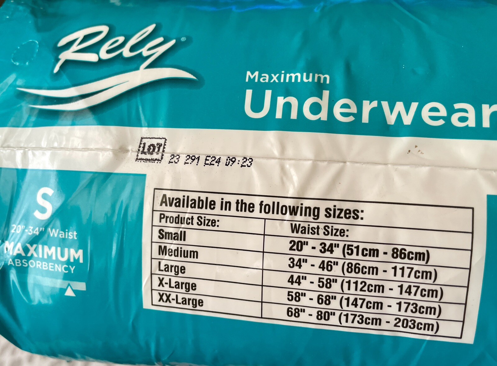 Rely Incontinence Brief Maximum Absorbency Underwear Small 20″-34″ Waist Size.