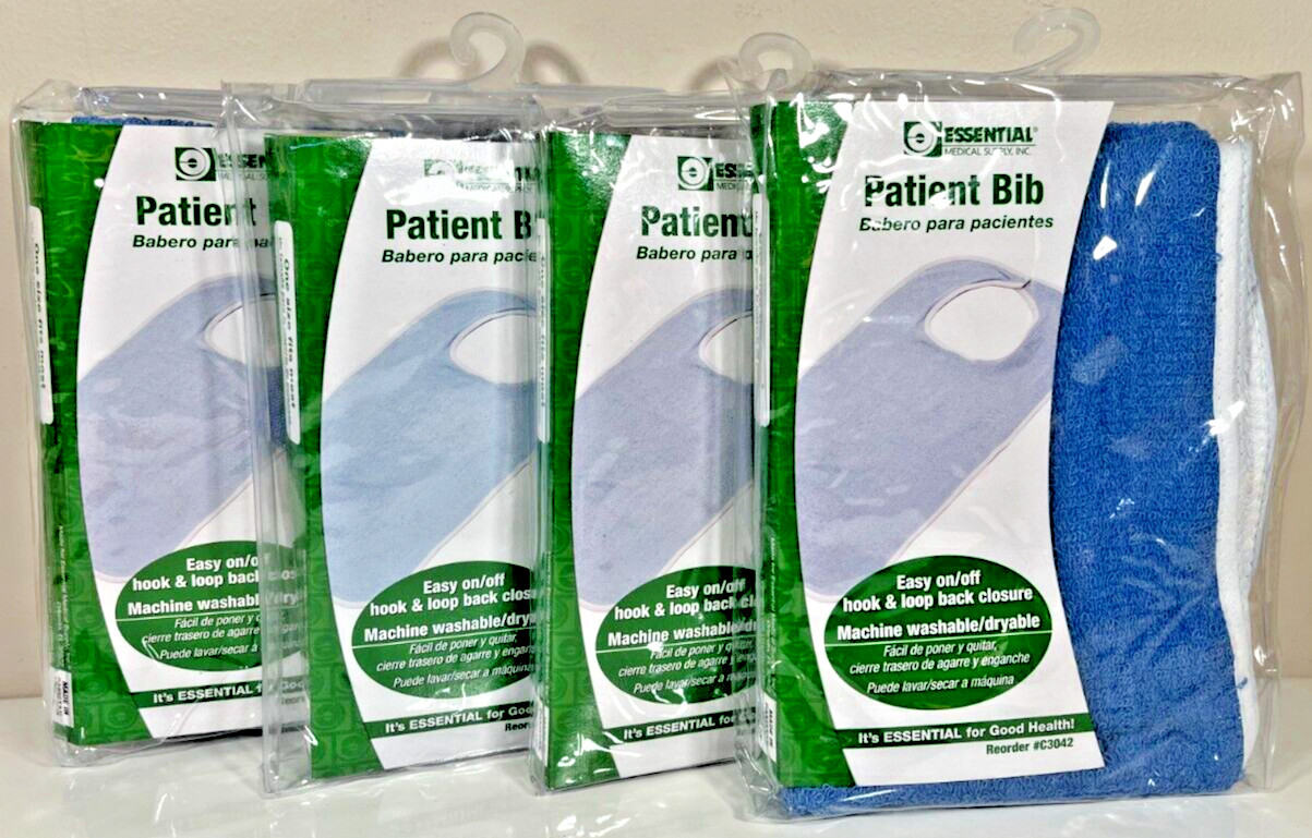 (4) Essential Medical Supply Patient Bib, Blue, Hook & Loop Closure Lot of 4 NEW