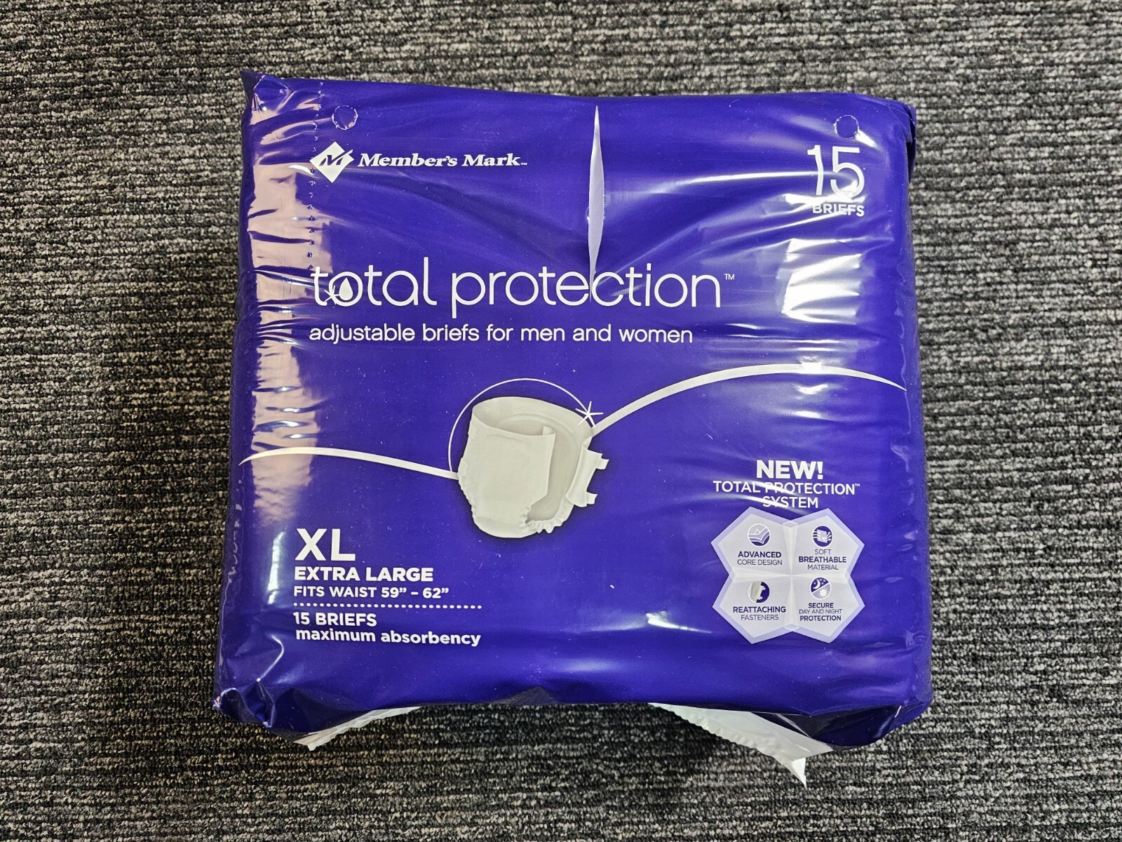 (QTY 60) Member’s Mark Total Protection, Adjustable Briefs For Men And Women XL