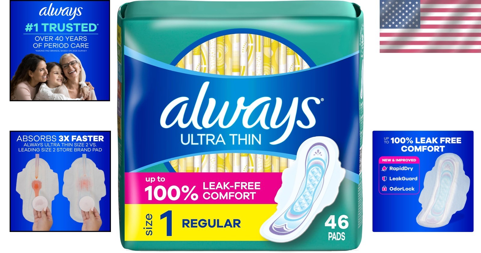 Brand New Ultra Thin Pads with Wings, Size 1, Regular, 46 Count