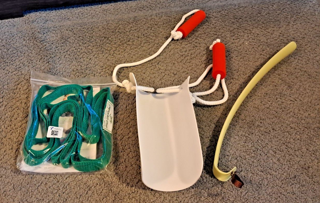 No bending Sock Aid , Stretch out strap and long shoehorn. Free Shipping