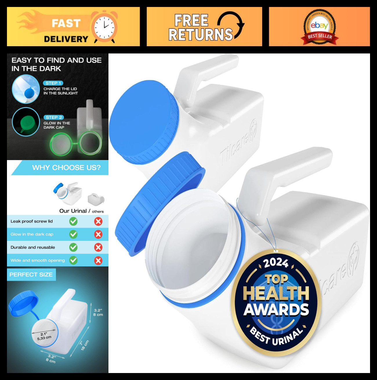 Glow in The Dark Urinals for Men – 2 Pack, 32oz Spill Proof Bedpan Bottles
