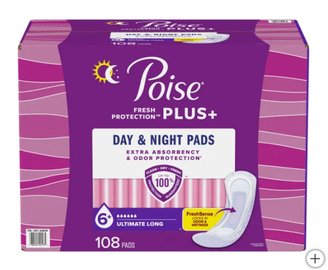 Poise plus Incontinence Pads, Ultimate Absorbency Long, 108-Count – FREESHIPPING