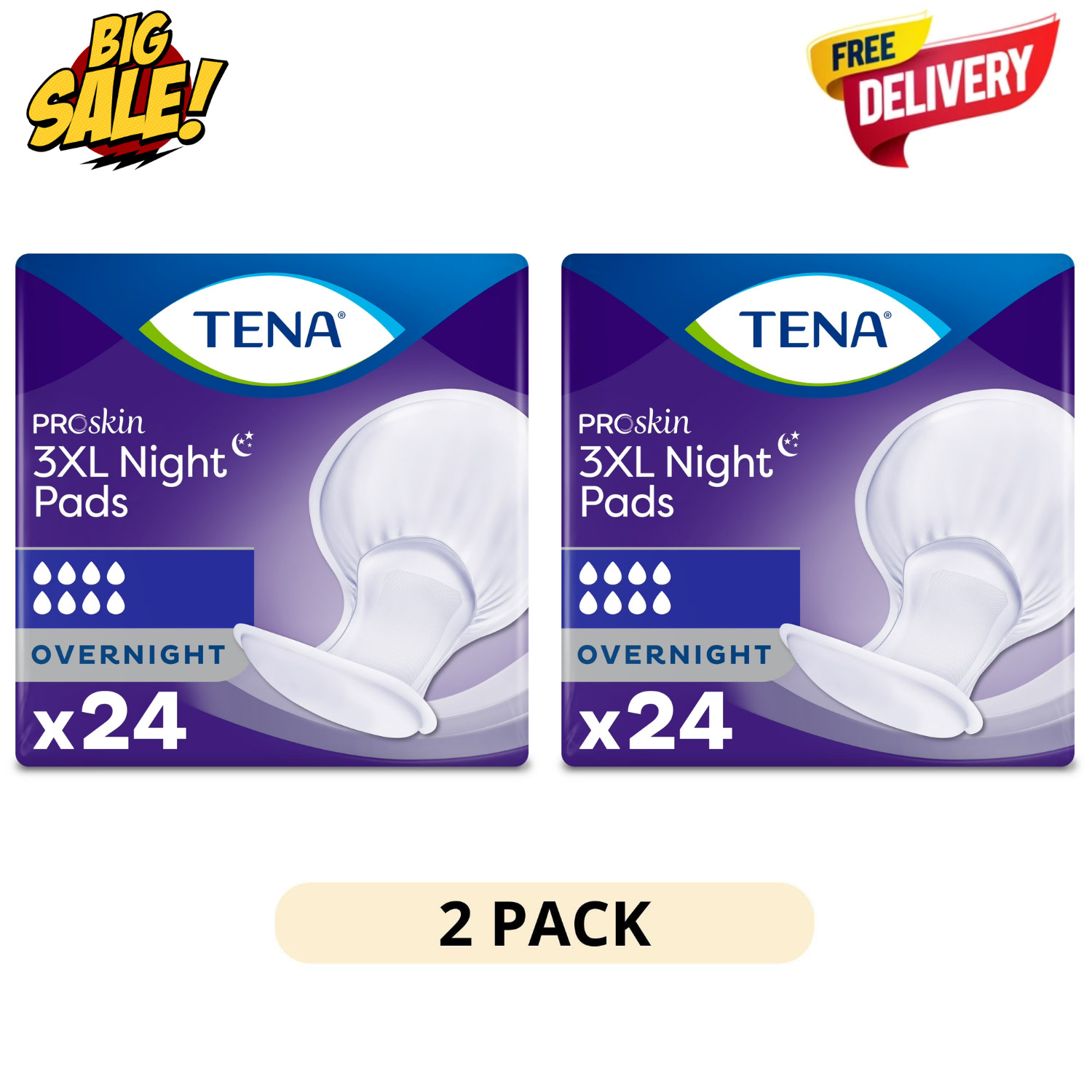 “2Pack Tena ProSkin 3XL Incontinence Pads 24Ct Overnight Absorbency Unisex Care