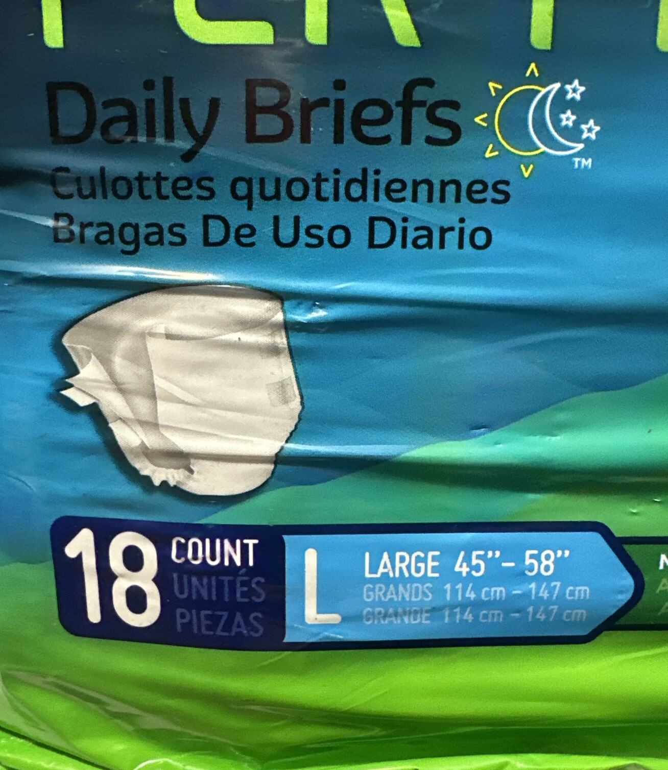 Prevail~Per-Fit~Daily Briefs~Size L-45/58”~MAXIMUM PLUS Absorbency~18 Ct~New