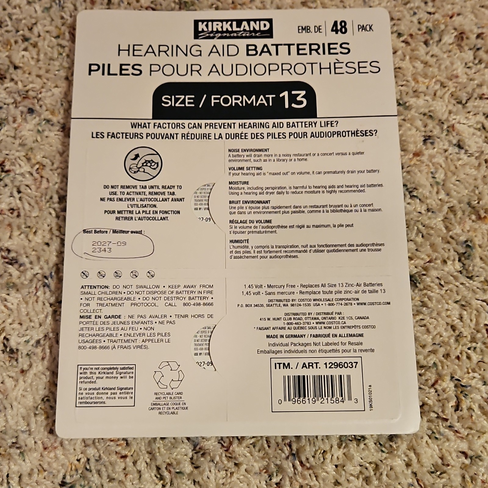 Kirkland Signature Size 13 Zinc-Air Hearing Aid Batteries Exp Sep 2027