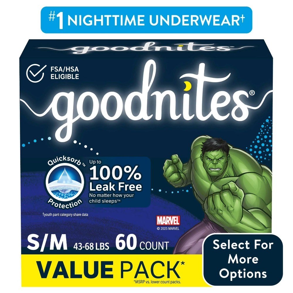 Boys Nighttime Bedwetting Underwear, Small/Medium 43-68 lbs, 60 Count Pack