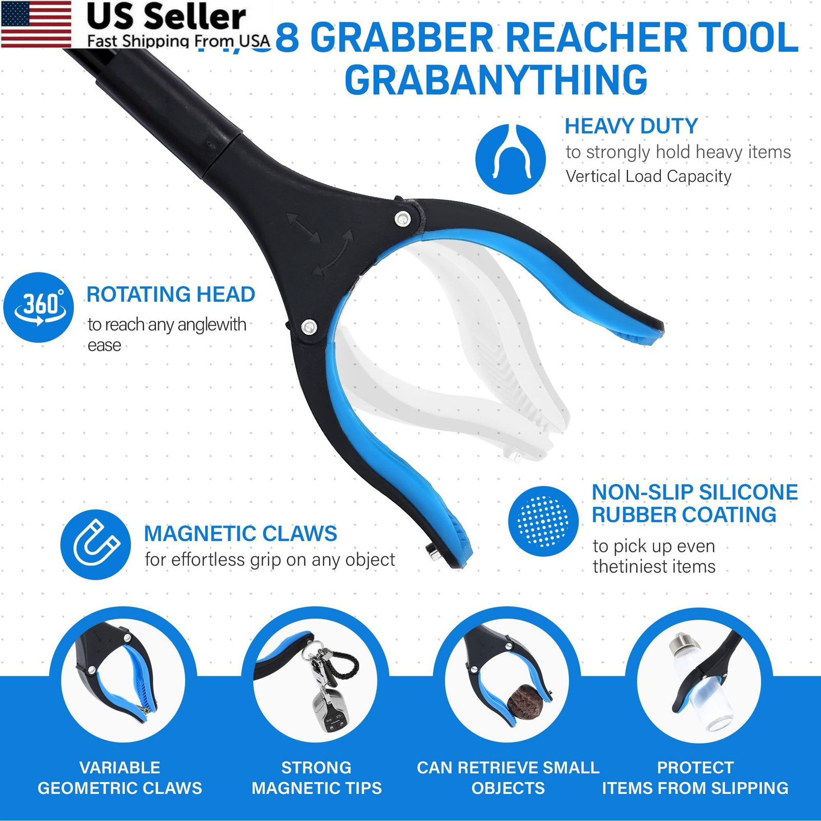 GrabRunner 38 Inch & 44 Extra Long Grabber Reacher Tool Long, Blue