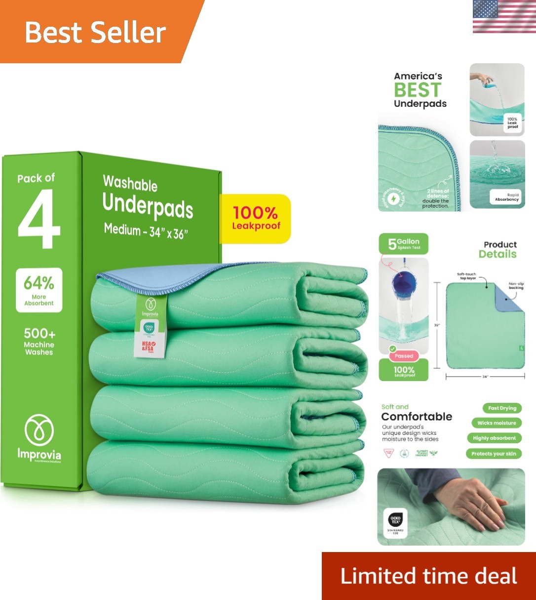 Washable Underpads, 34″ x 36″ Pack of 4 – Heavy Absorbency Reusable Bedwettin…