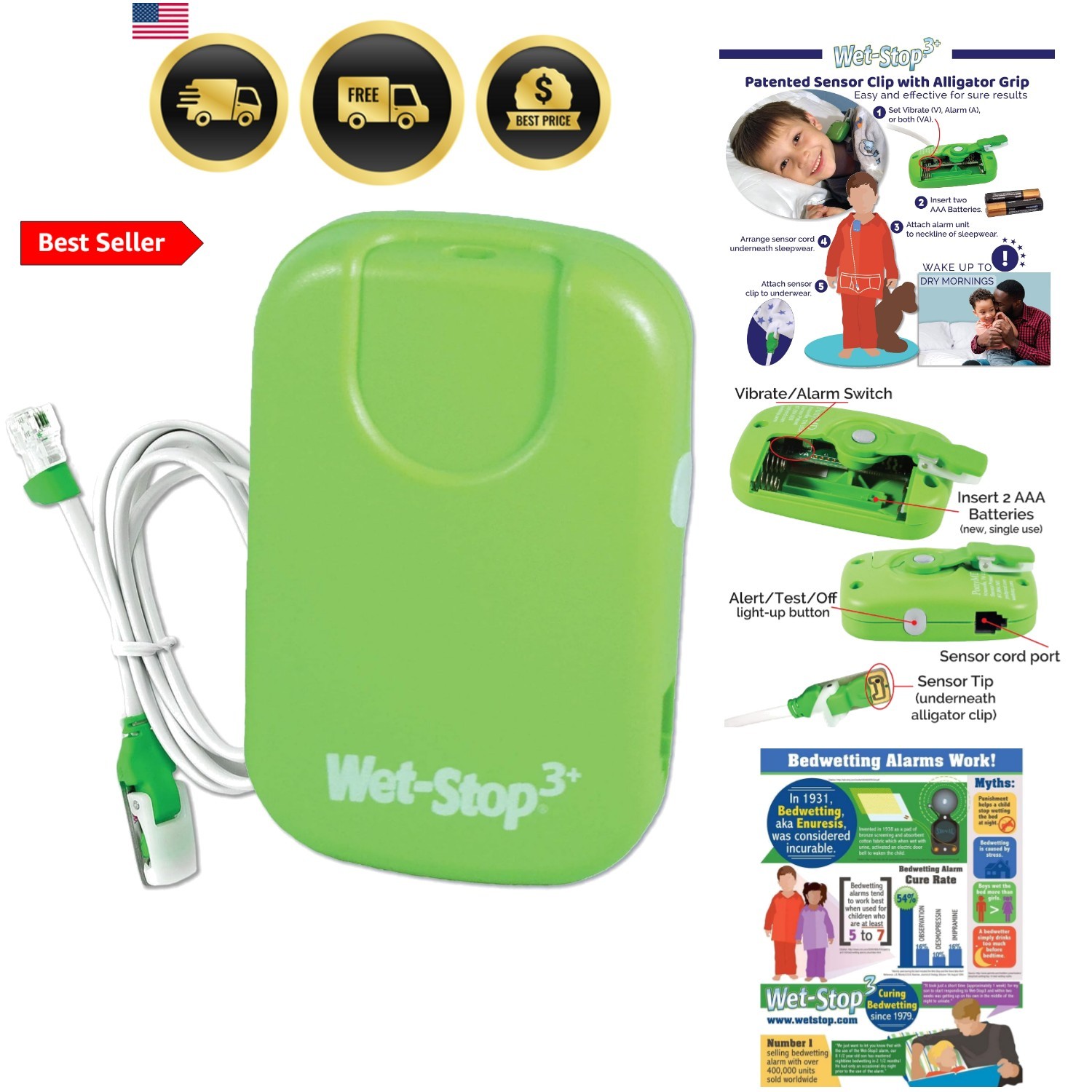 3 Green Bedwetting Enuresis Alarm with Loud Sound and Strong Vibration for Bo…
