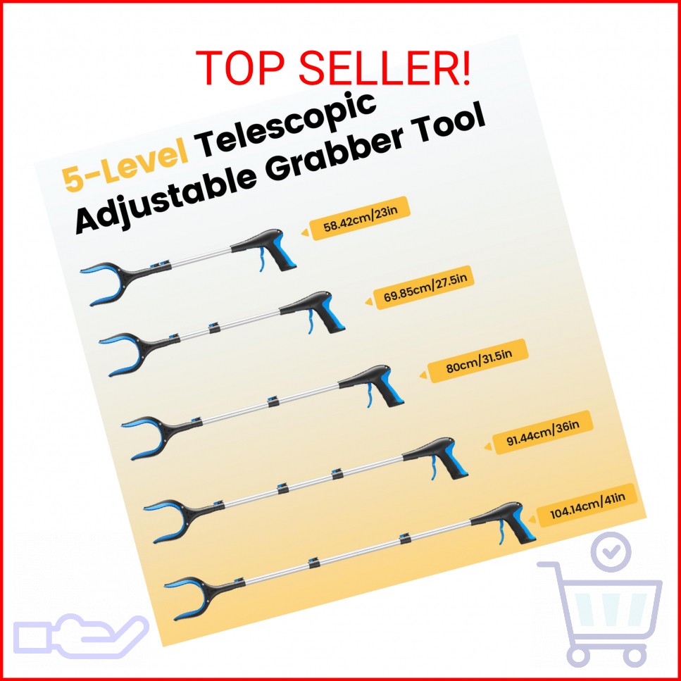 FGRHY Telescopic Grabber Reacher Tool, 5-Level Adjustable Length (23” to 41”)