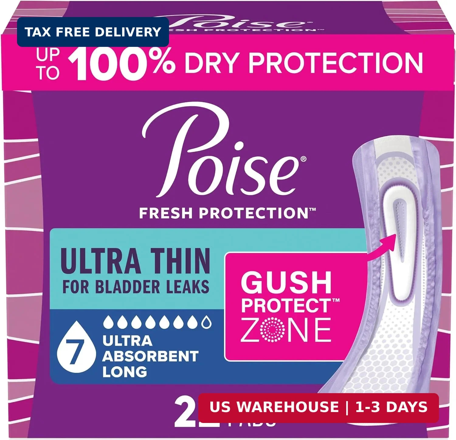 Poise Ultra Thin Incontinence Pads for Women, 7 Drop, Long, 22 ct