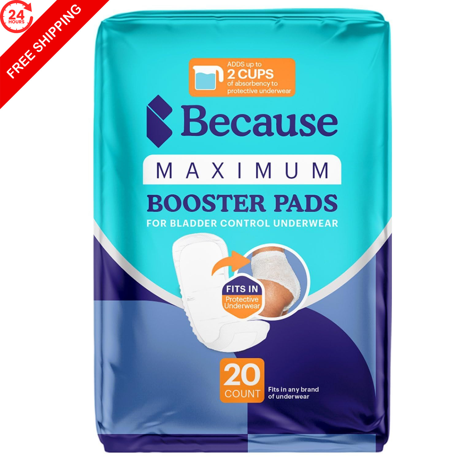 Because Maximum Incontinence Booster Pads, Adult 20 Count (Pack of 1), White