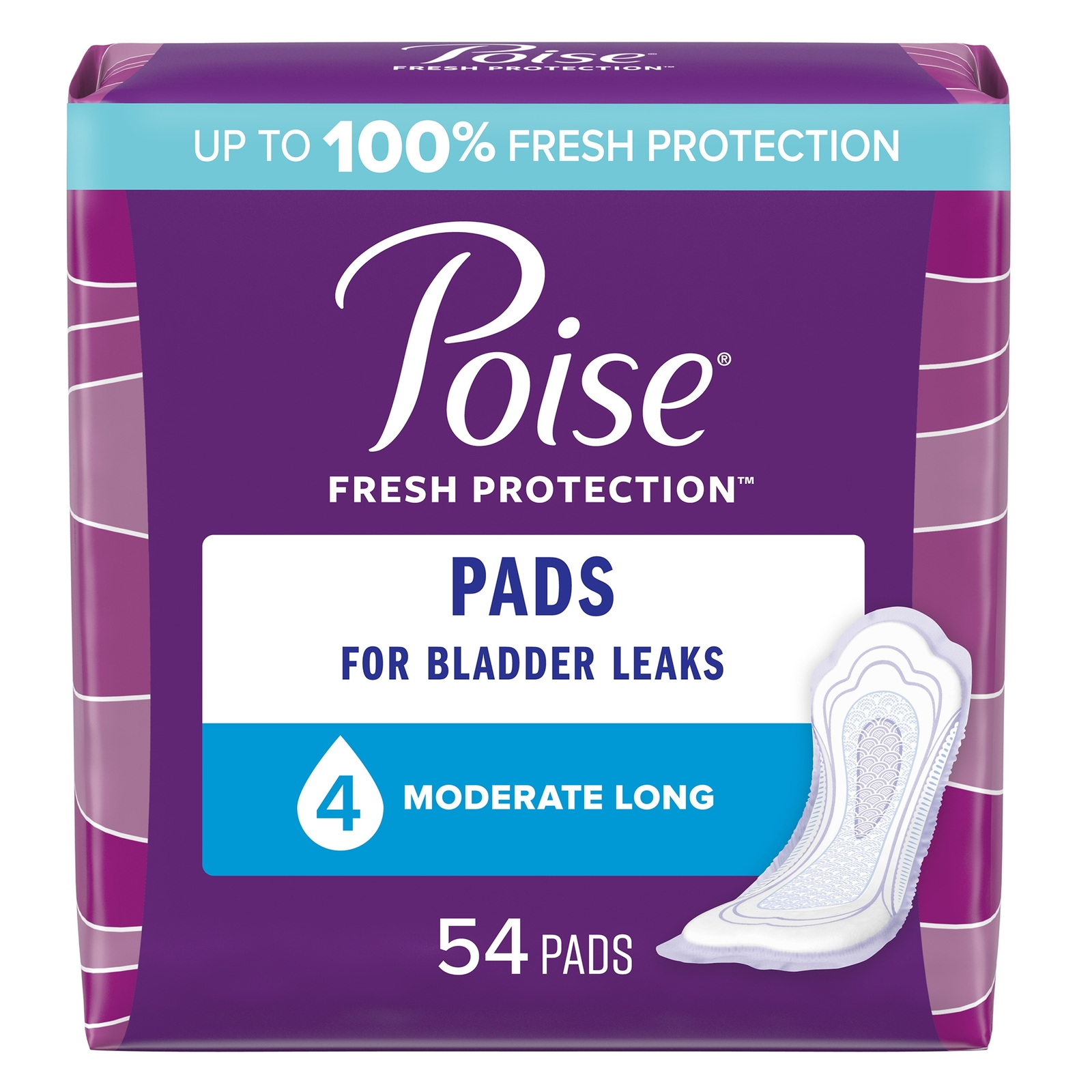 Poise Incontinent Pad 12.2″ L Long Length Moderate 54 Ct