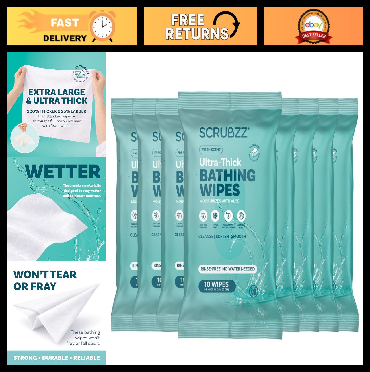 Extra Large No Rinse Bath Wipes – 80 Disposable Body Cleansing Cloths for Adults