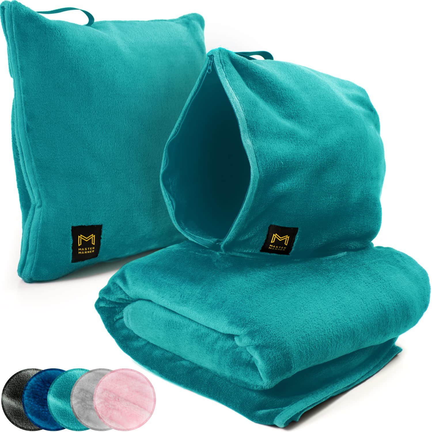 MasterManner Travel Blanket Airplane Compact with Hoodie – 2in1 62×41”, Teal