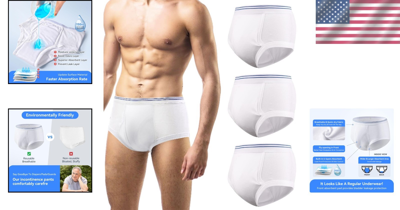 CARER Men’s Washable Incontinence Underwear, 3-Pack, X-Large