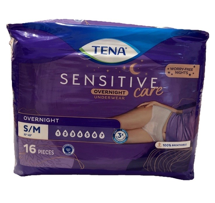 Tena Sensitive Overnight Underwear, Small/Medium (32″-42″) 16 Count