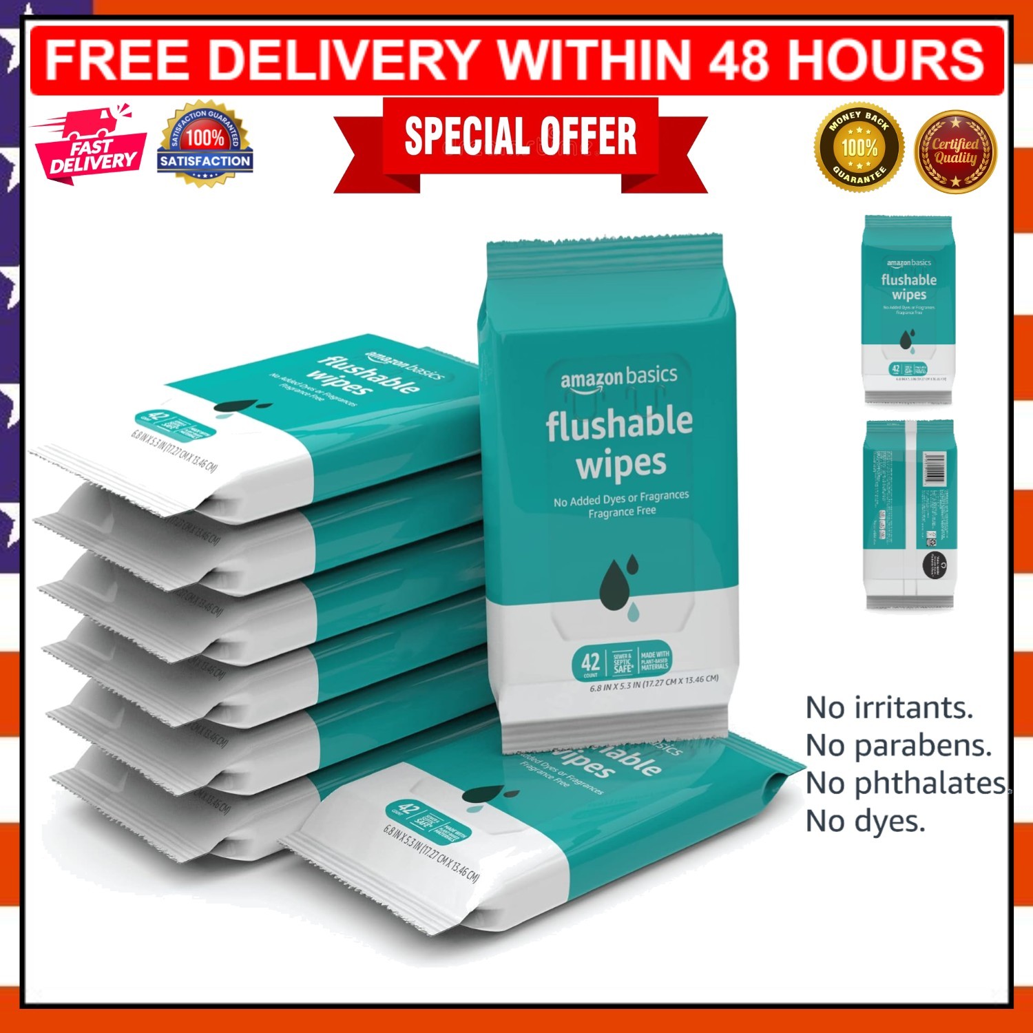 FSC-Certified Flushable Wipes, 8 Packs of 42, Fragrance-Free Comfort for Adults