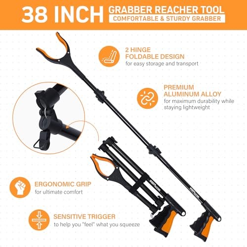 38″ Extra Long Grabber Reacher Tool – 2 Pack Extra Long Foldable Orange Blue
