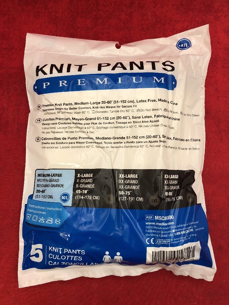 NEW PACK OF 5 MEDLINE Knit Pants Premium Underpants M/L Unisex MSC86300