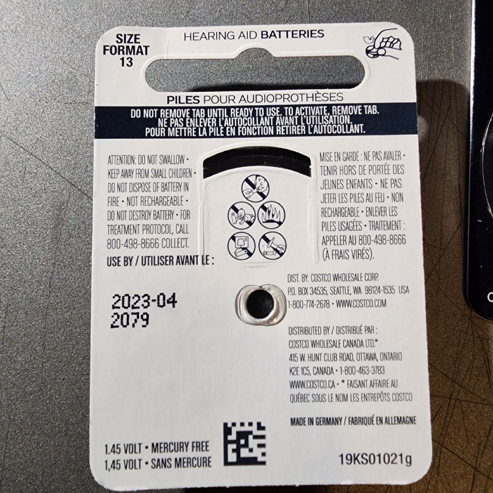 Kirkland Signature Hearing Aid Batteries Size / Format 13 – 1.45 Volt – LOT OF 3