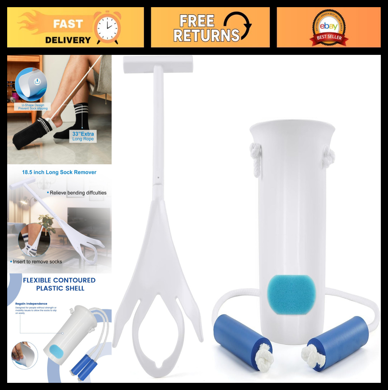 Sock Aid Kit for Seniors – 4″ Sock Helper with Long Rope, Easy On/Off, Comfort &