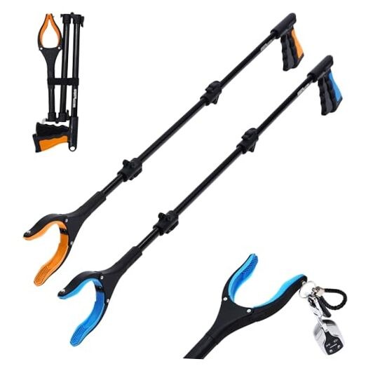 38″ Extra Long Grabber Reacher Tool – 2 Pack Extra Long Foldable Orange Blue