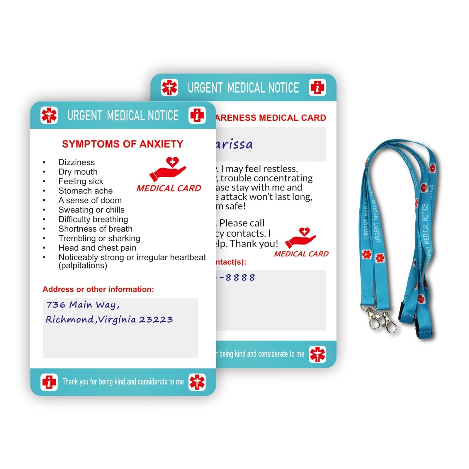 Anxiety Medical Alert Card Writable With Lanyard Emergency Contact Card 2pcs