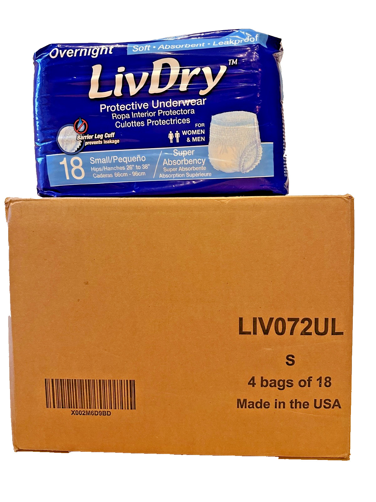 LivDry Adult S Protective Underwear, Small, case of four 18-Packs for 72