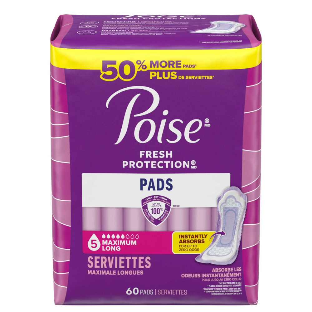 Poise Incontinence Pads for Women, 5 Drop Maximum Absorbency, Long Length, 60 Ct