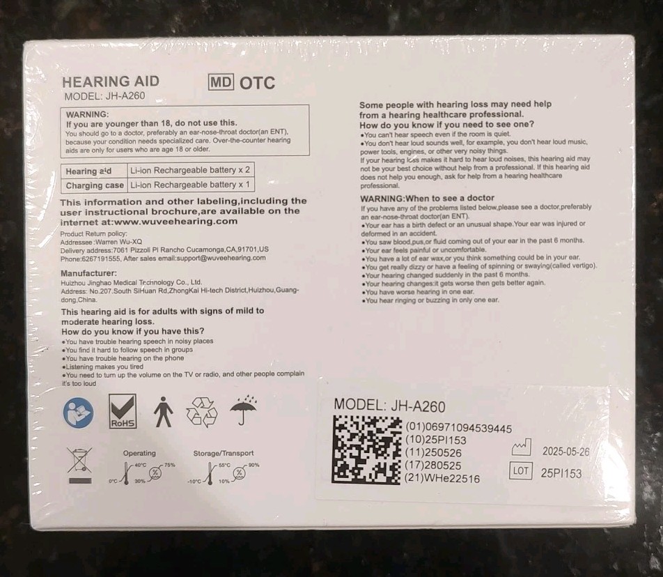 Hearing Aids Model JH-A260 New Sealed Comfort, Super-Fit, Easy To Operate