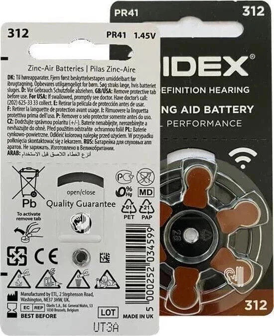 Widex hearing aid battery Size 312 (PR41) (10 X 6 = 60 Batteries) FREE SHIPPING
