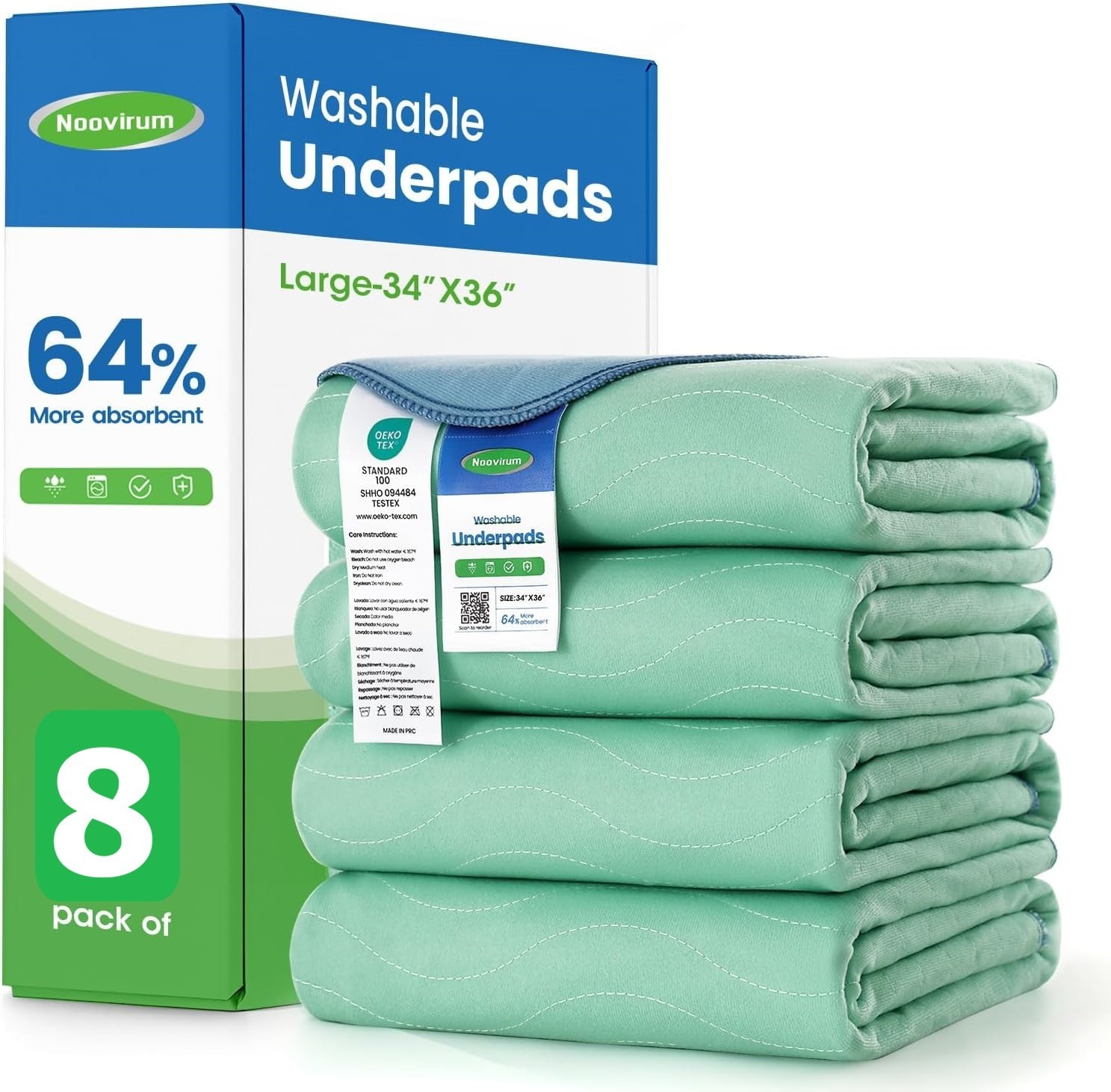 Noovirum® Washable Underpads, 34″x36″, 8 Count (2 Packs of 4)- Green