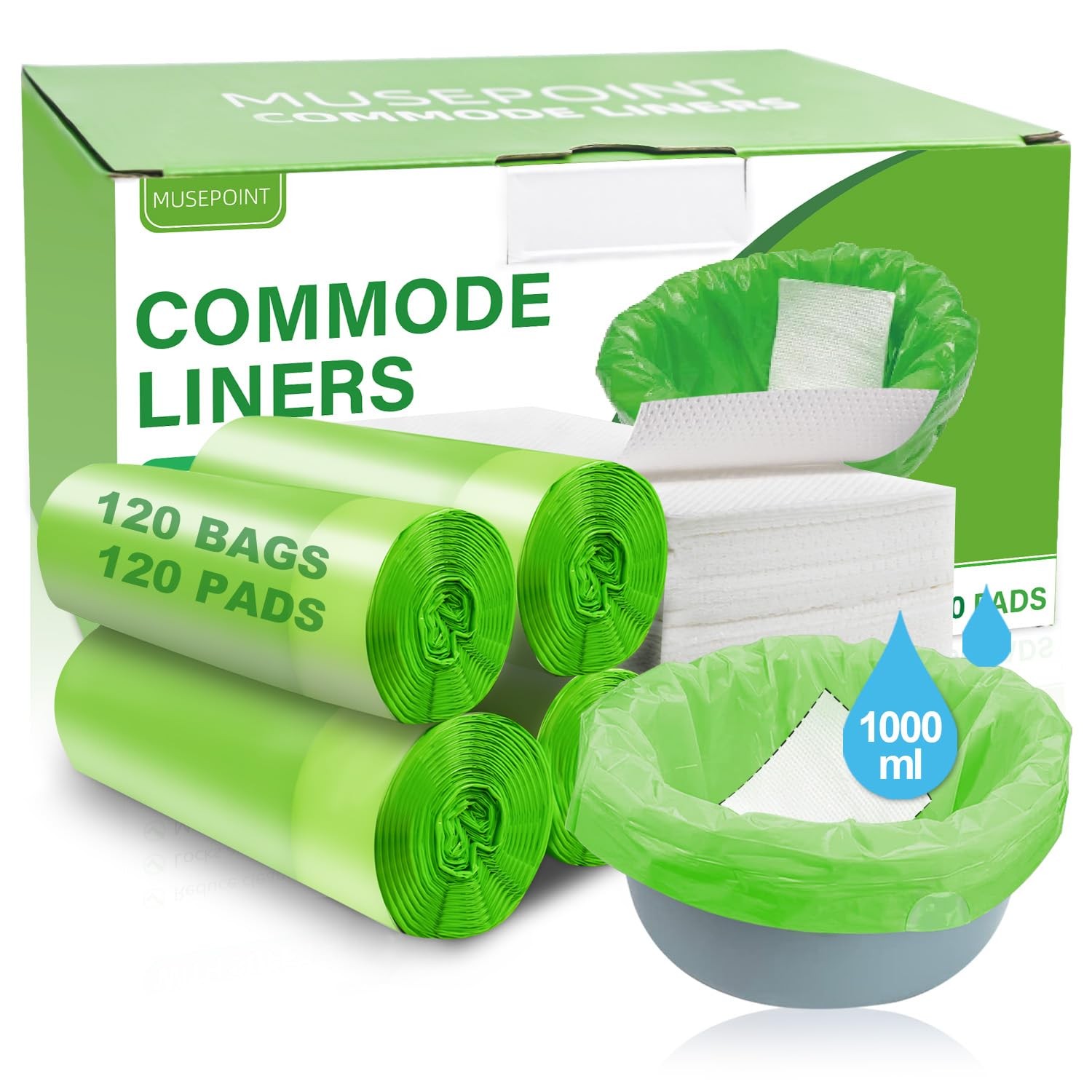 XUEPETT 120 Pack Commode Liners w/ 120 Pads, Disposable, Leakproof, Absorbent