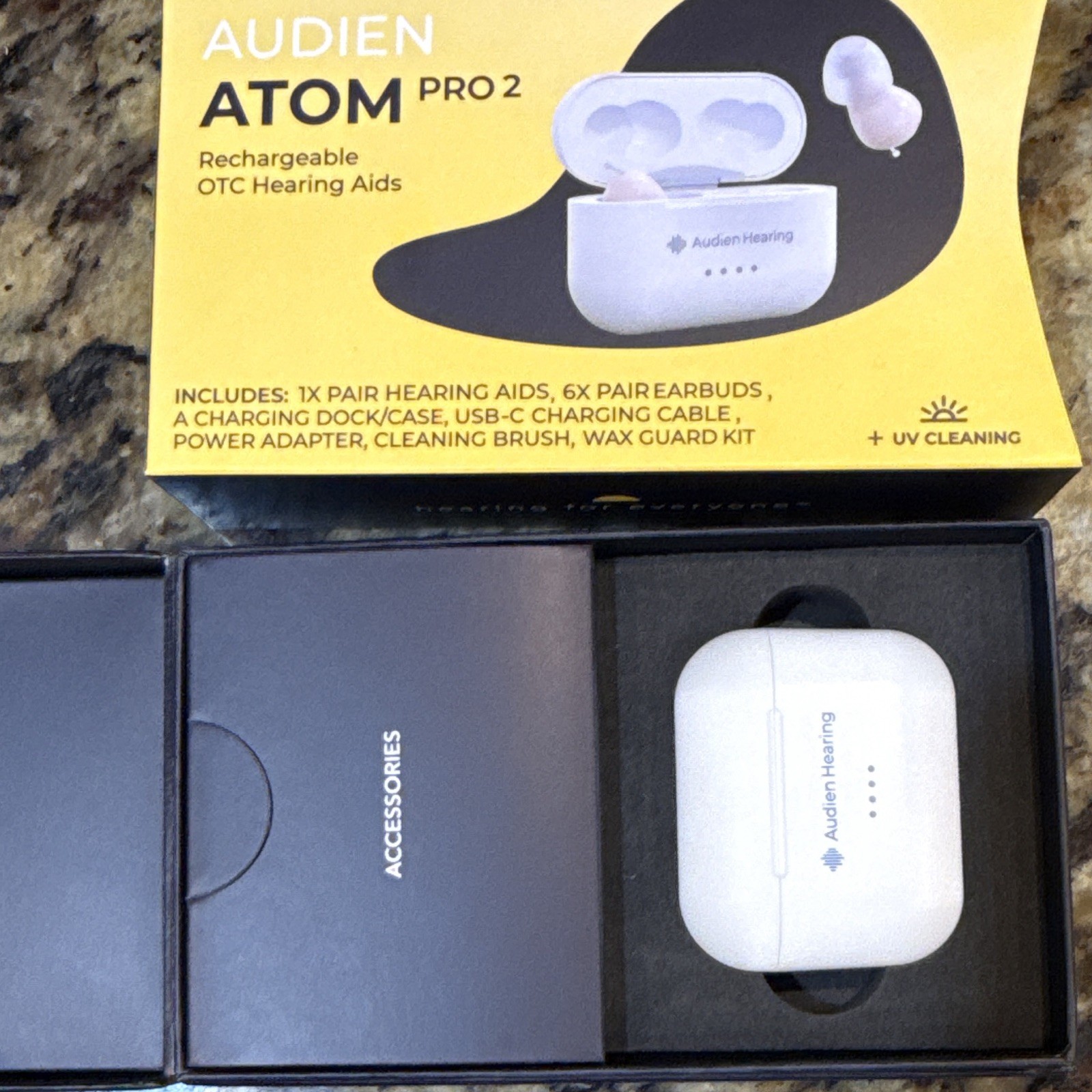 Audien Hearing ATOM PRO 2 Rechargeable Hearing OTC Aids + Case + UV Cleaning
