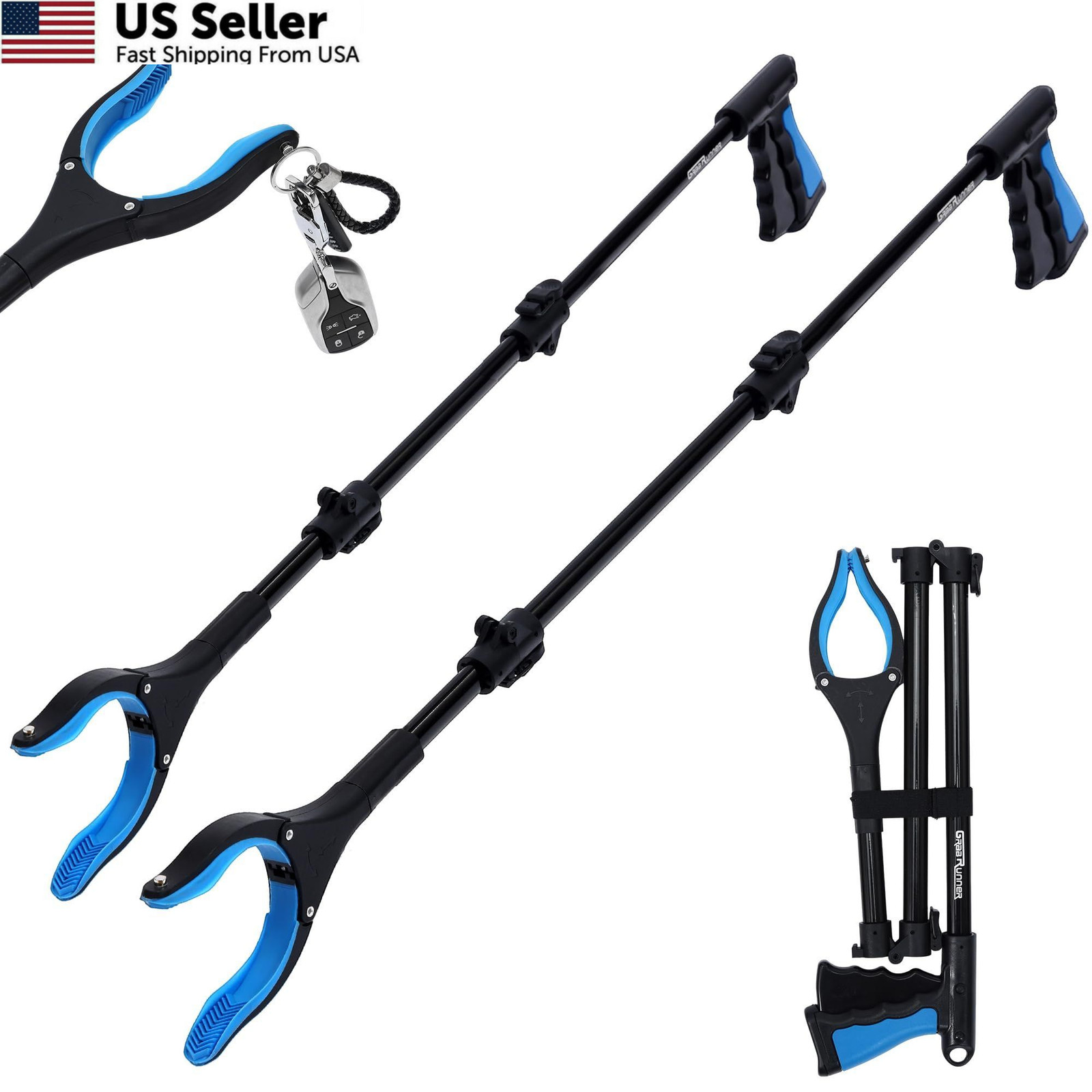 GrabRunner 38 Inch & 44 Extra Long Grabber Reacher Tool Long, Blue
