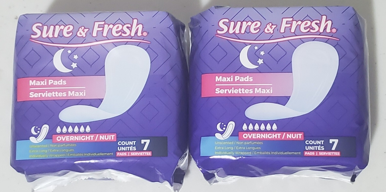SET OF 2 Sure & Fresh Maxi Pads Overnight 7 Count Each Unscented